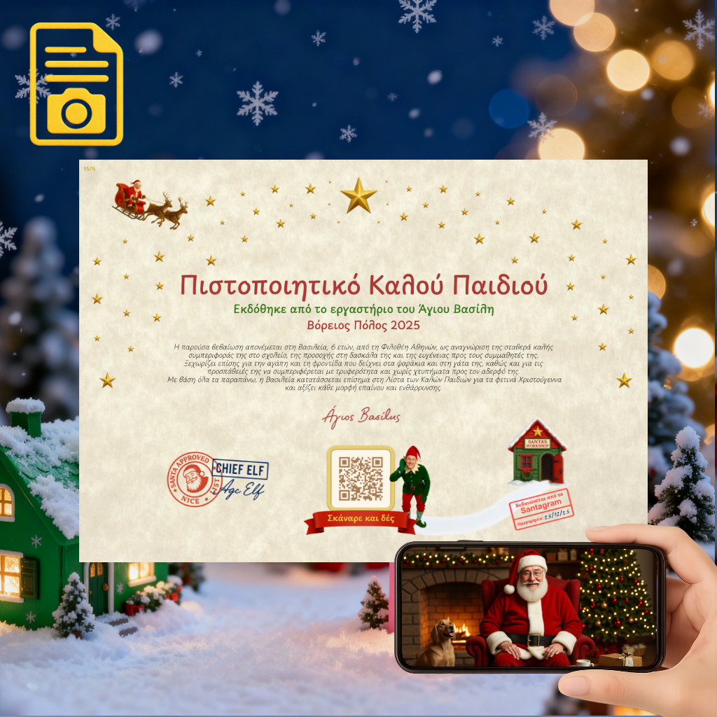 Πιστοποιητικό Καλού Παιδιού με QR Βίντεο από τον Άγιο Βασίλη (Digital)
